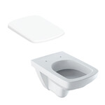 Wisząca miska WC Selnova Compact lejowa, B36 cm, H34 cm, T48 cm, krótka, kształt geometryczny Deska sedesowa WC wolnoopadająca Selnova Square mocowanie od góry, z wypinanymi zawiasami, zachodząca pokrywa biała